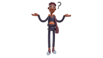 3d illustration. confus étudiant 3d dessin animé personnage. une grand, peau brune Jeune homme. étudiant élever tous les deux mains et avoir une question marque suivant à eux. 3d dessin animé personnage png