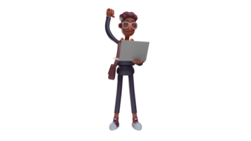3D illustration. Charming Man 3D Cartoon Character. Student standing while carrying laptop. Student show enthusiastic expression and body gesture. 3D cartoon character png