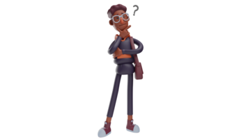 3d illustration. charmant étudiant 3d dessin animé personnage. étudiant qui regards détendu tandis que porter une sac. étudiant qui mettre le sien main sur le sien menton et spectacle une réfléchi expression. 3d dessin animé personnage png