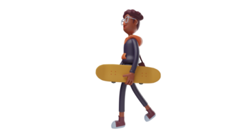 3d illustration. Häftigt ungdom 3d tecknad serie karaktär. en söt ung man gående medan bärande en skateboard. en studerande kommer skridsko någonstans med hans vänner. 3d tecknad serie karaktär png