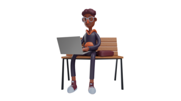 3D illustration. Diligent Student 3D Cartoon Character. Student is sitting on long chair. Student look serious about doing his assignments on laptop. 3D cartoon character png