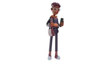 3D illustration. Tourist 3D Cartoon Character. Young tourist looking at the cellphone in his hand. A sweet tourist who will spend his time walking around. 3D cartoon character png