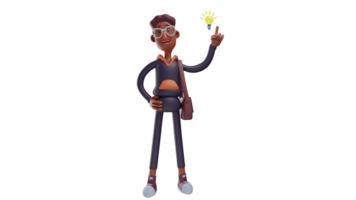 3d illustration. intelligent Jeune homme 3d dessin animé personnage. intelligent étudiant est avoir brillant idées. le Masculin étudiant est permanent et à côté de lui là est une lumière ampoule. 3d dessin animé personnage png