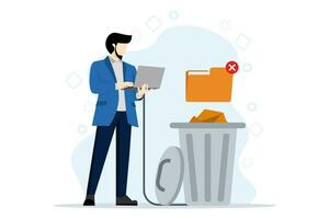 Concept of deleting files, cleaning computer, deleting processes. A man deletes files from a laptop to the trash. The user deletes the folder with documents to the trash. Flat vector illustration.