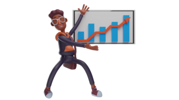 3D illustration. Successful Young Man 3D Cartoon Character. Young man explaining the increase in his income. The rich young man explained the picture on the board to everyone. 3D cartoon character png
