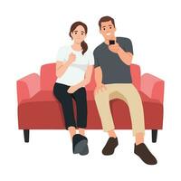 Cute male and female cartoon characters sitting on cozy couch and watching TV or television set. vector