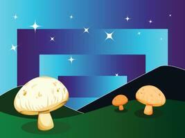 Mushrooms in magical mountain and gradient blue purple sky with stars vector illustration background isolated on horizontal background.