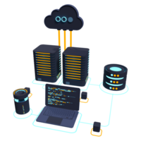 Cloud technology computing concept. Modern cloud technology. Data center isometric concept. 3D cloud technology with datacenter. Web hosting concept. 3D rendering png