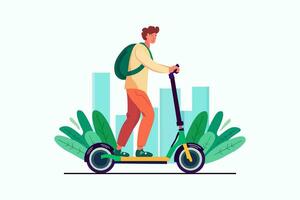 Male character travels on sustainable vehicle. Young man riding electric kick scooter. Modern person driving eco green city urban transport. Isolated vector illustration.