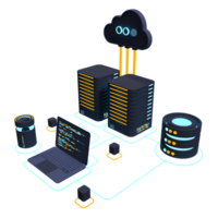 Cloud technology computing concept. Modern cloud technology. Data center isometric concept. 3D cloud technology with datacenter. Web hosting concept. 3D rendering png