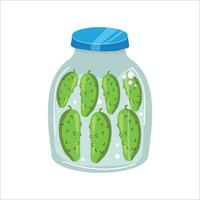 Homemade jars of preserving the cucumber. Autumn harvest season. Vector illustration