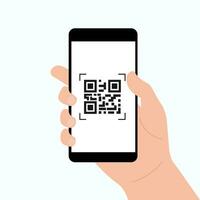 mano participación móvil teléfono. qr código exploración en teléfono inteligente qr código para pago. aislado vector ilustración