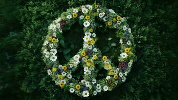 paz símbolo hecho desde varios flores en el verde césped antecedentes foto