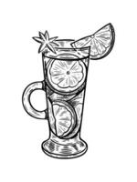 Mulled wine in a glass glass. Winter warming drink. Vector illustration in engraving style.