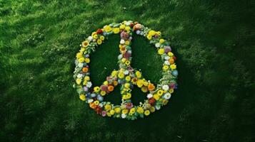 Peace Symbol Made from Various Flowers on the Green Grass Background photo