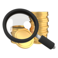 Magnifying glass with stack of golden coins. Dollar and magnifying glass. Business research concept. 3d rendering illustration png