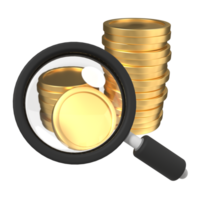 Magnifying glass with stack of golden coins. Dollar and magnifying glass. Business research concept. 3d rendering illustration png