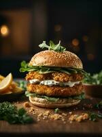 burger on table with cafe atmosphere, AI generated photo