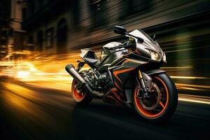 Motorcycle on the road with motion blur background. 3d rendering, EBR racing motorcycle with abstract long exposure dynamic speed light trails in an urban environment city, AI Generated photo