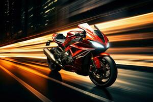 Motorcycle on the road with motion blur background. Concept of speed and motion, EBR racing motorcycle with abstract long exposure dynamic speed light trails in an urban environment, AI Generated photo