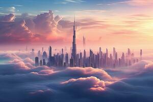 fantasía ciudad en el nubes 3d hacer de un futurista ciudad, dubai puesta de sol ver de céntrico cubierto con nubes, ai generado foto