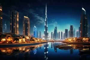 Dubai Marina at night in Dubai, UAE. Dubai was the fastest developing city in the world between 2002 and 2008, Dubai city by night, AI Generated photo