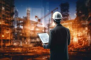 Double exposure of Engineer or architect working on construction site with building and construction equipment, Double exposure of Engineer or architect rear view working, AI Generated photo