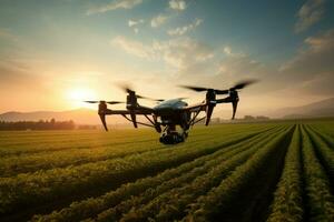 Drone quadcopter with digital camera flying over agricultural field, Drone analyzing farmers fields during sunrise, AI Generated photo