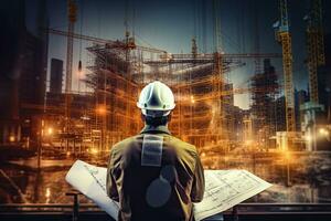 Rear view of engineer in hardhat with blueprint at construction site, Double exposure of Engineer or architect rear view working with digital tablet and building under, AI Generated photo