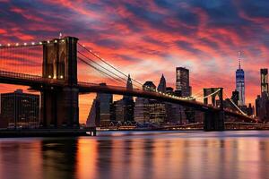 Manhattan and Brooklyn Bridge at sunset, New York City, USA, East River mit Blick auf Manhattan und die Brooklyn Bridge, New York, USA, AI Generated photo