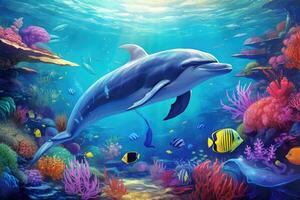 Dolphin swimming in the sea. Underwater world. 3d rendering, Dolphin with group of colorful fish and sea animals with colorful coral underwater in the ocean, AI Generated photo