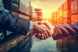 Double exposure of businessman handshake with container cargo freight ship background. Logistics and transportation concept, Double exposure of businessman handshake with cargo truck, AI Generated photo