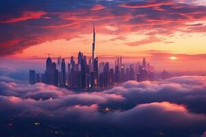 Fantasy landscape with skyscrapers in the clouds. 3d render, Dubai sunset view of downtown covered with clouds, AI Generated photo