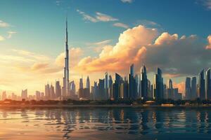 Dubai skyline at sunset, United Arab Emirates. 3d rendering, Dubai and the Persian gulf at evening, AI Generated photo