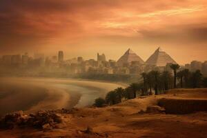 el pirámides de giza en El Cairo, Egipto. Clásico estilo, Egipto. El Cairo - giza. general ver de pirámides y paisaje urbano desde el giza meseta, ai generado foto