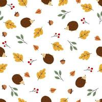 Seamless fall leaves, berries and acorns with cute hedgehogs vector