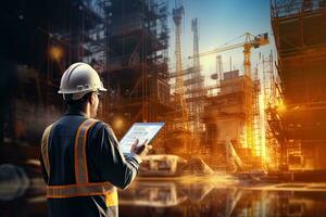Engineer or foreman working at construction site. Engineering and architecture concept. Double exposure, Double exposure of Engineer and Architect working with smart phone and digital, AI Generated photo