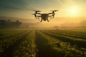 zumbido con digital cámara volador en el aire terminado agrícola campo a atardecer, zumbido analizando agricultores campos durante amanecer, ai generado foto