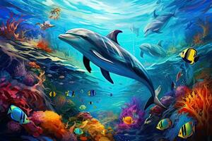 Dolphin and tropical fish in the coral reef. Illustration, Dolphin with group of colorful fish and sea animals with colorful coral underwater in the ocean, AI Generated photo