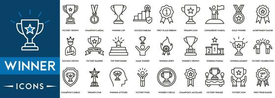 Winner icon set. Containing victory, success, prize, celebration, podium, win money, finish line and trophy icons. vector