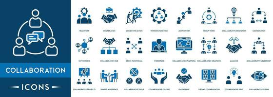 Collaboration icons set. Business team, collaboration, teamwork, team management, discussion, interaction and solution. vector