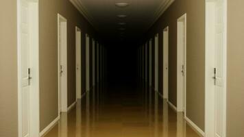 oscuro corredor con varios puertas 3d hacer foto