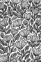 Abstract Black And White Monochromatic Hand Drawn Flowers Texture Pattern Doodle Vector Illustration