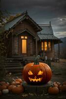 Halloween pumpkins with scary faces on Halloween background. 3d render photo