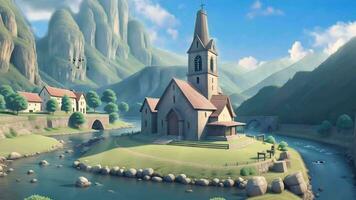 ai generativ, ein Kirche auf ein klein Insel umgeben durch Berge video