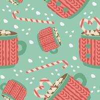 Vector Flat seamless pattern with a cups of cocoa, snowflakes, marshmallows and candy cane. The background is made of Hot seasonal drinks. Poster, card, Wrapping paper. Christmas and New year template