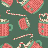 Vector Flat seamless pattern with a cups of cocoa, coffee, marshmallows and candy cane. The background is made of Hot seasonal drinks. Poster, card, Wrapping paper. Christmas and New year template