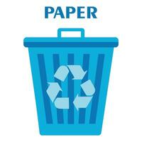 Flat blue trash can for paper. Waste bin with lid. Eco concept. Vector illustration isolated on white. Recycling and sorting.