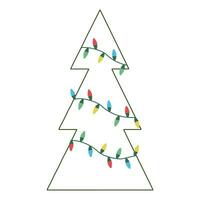 Christmas tree greeting card template. Geometry minimalism shape fir with Bright light garland. Vector illustration isolated on white, Modern flat design. Festive card, poster, placard, invitation.