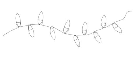 One continuous line drawing of Christmas garland with light bulbs. Festive festoon xmas string and divider border in simple linear style. Editable stroke. Doodle vector illustration